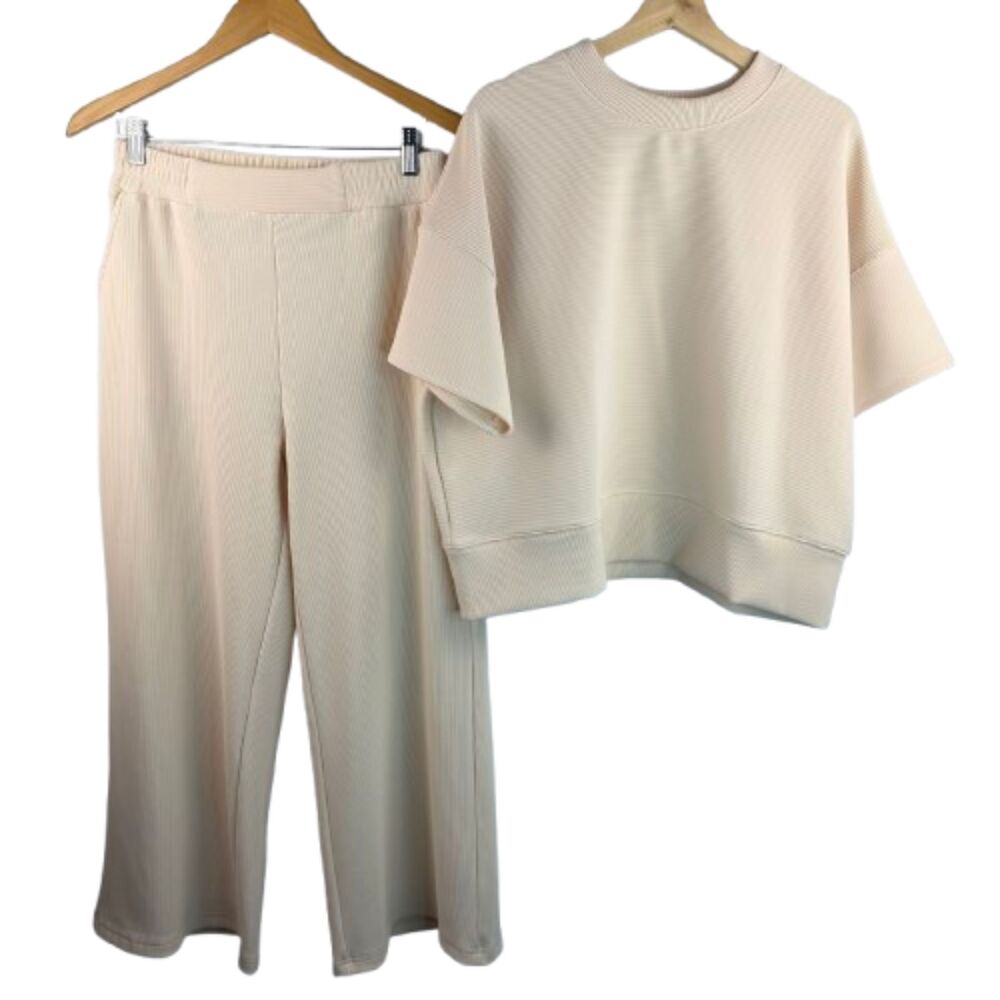 Zenana NWOT Cream Beige Ribbed Round Neck Tee & Wide Leg Pants Set Size M